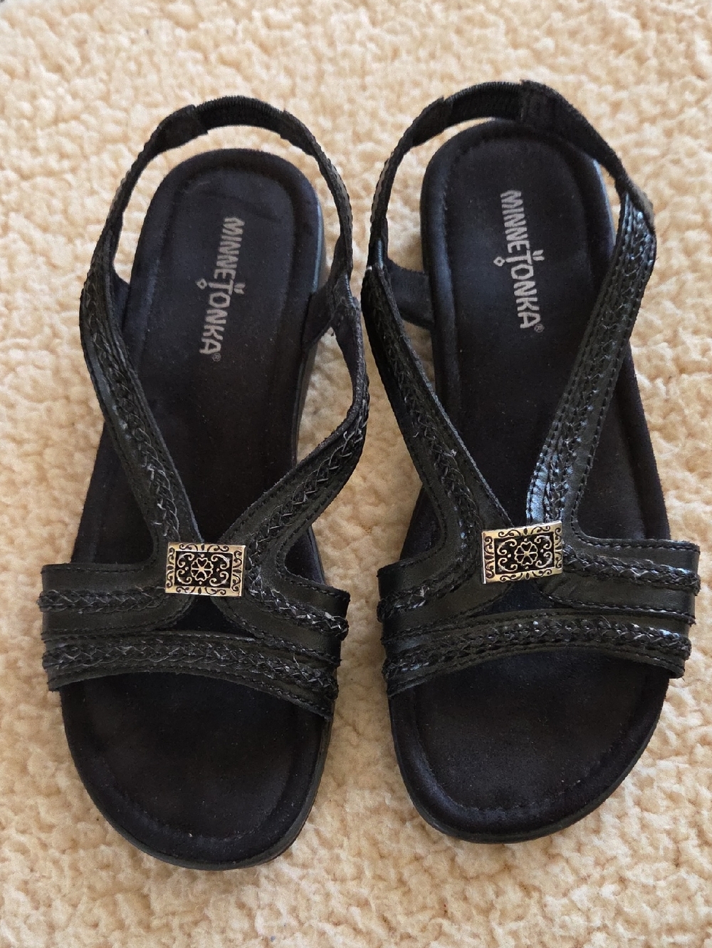 Minnetonka Black Braided Slingback Sandals with Ornate Buckle Sz 7